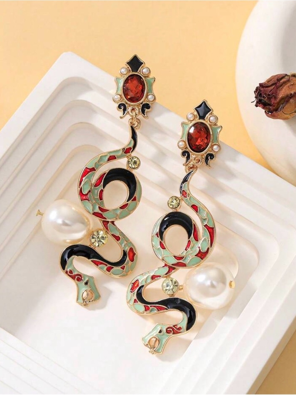Vintage-Inspired Green and Red Enamel Snake Drop Earrings with Pearl